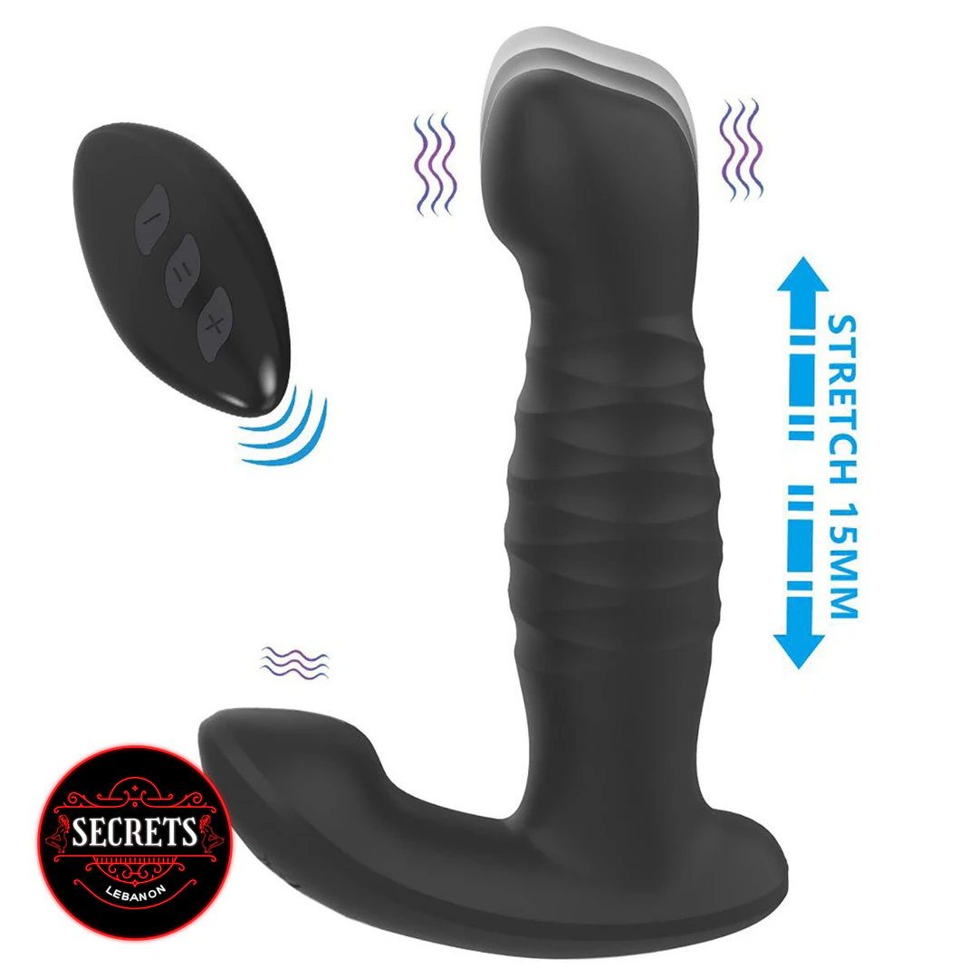 7 Mode Thrusting Prostate Vibrator in black silicone with wireless remote control