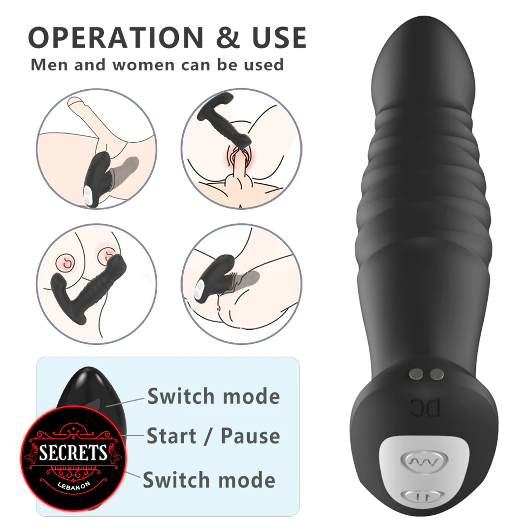 7 Mode Thrusting Prostate Vibrator black ribbed silicone with control buttons
