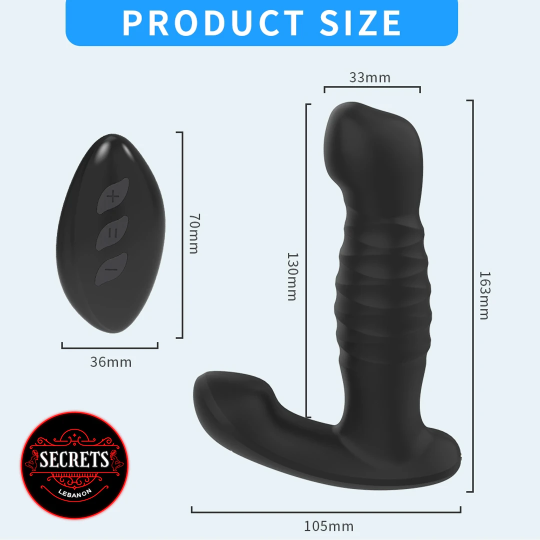 7 Mode Thrusting Prostate Vibrator size diagram with black remote control