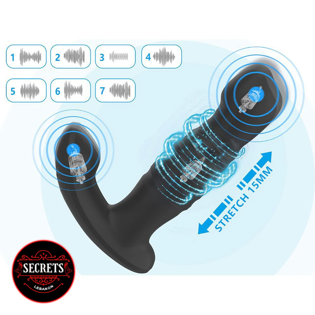 7ModeThrustingProstateVibrator 7 Mode Thrusting Prostate Vibrator black silicone with 15mm stretch motion diagram