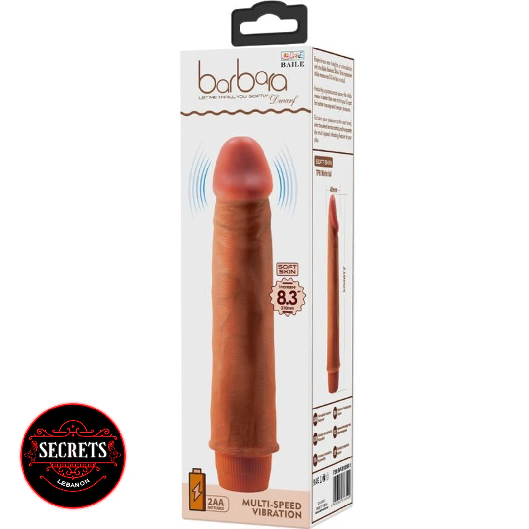8.3 Inch Multi-Speed Vibrating Dildo in tan retail packaging front view