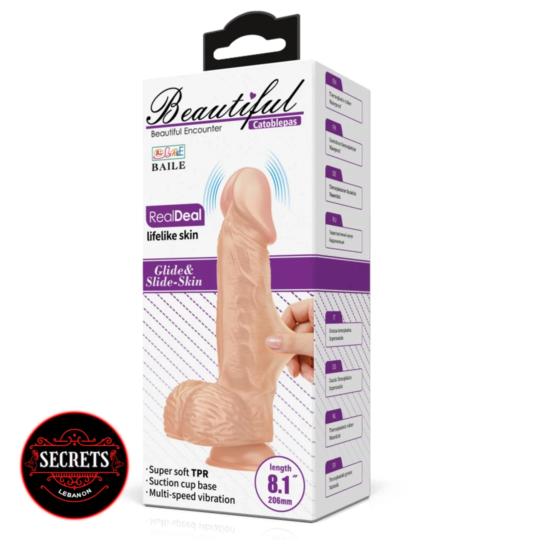 8 Inch Slide Skin Vibrating Dildo in white retail box, flesh tone