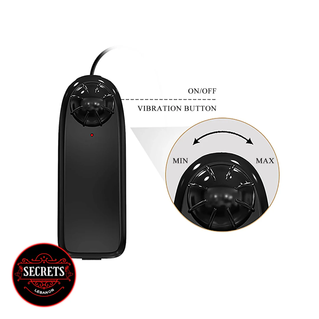 8 Inch Slide Skin Vibrating Dildo black wired controller with vibration dial close-up