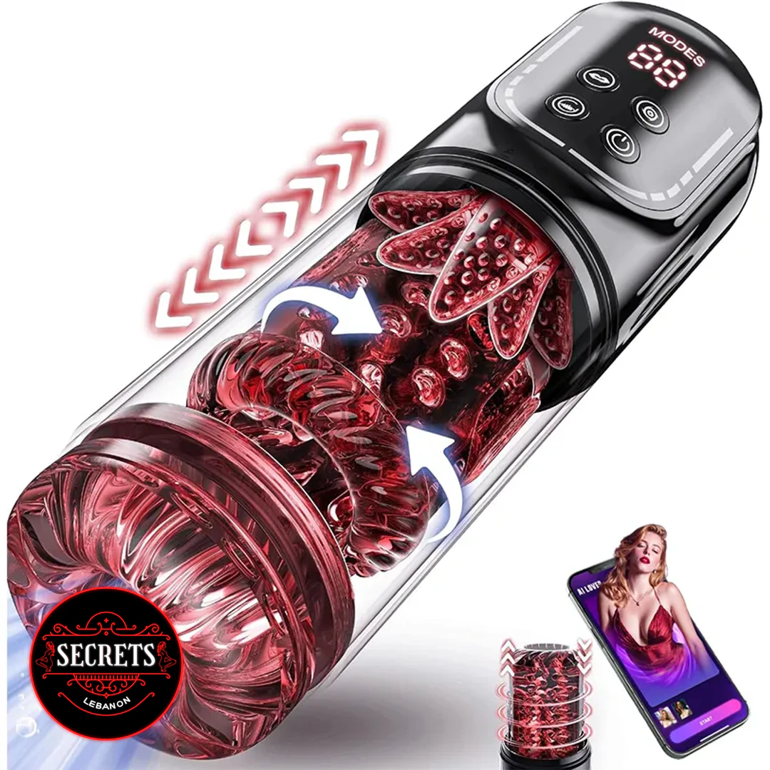 8 Mode Sucking Thrusting Masturbator with transparent shell revealing red textured interior