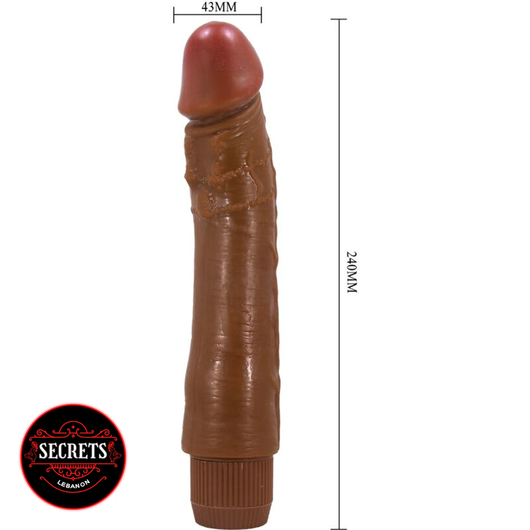 9.5 Inch Multi-Speed Realistic Vibrator in brown with dimension annotations shown upright
