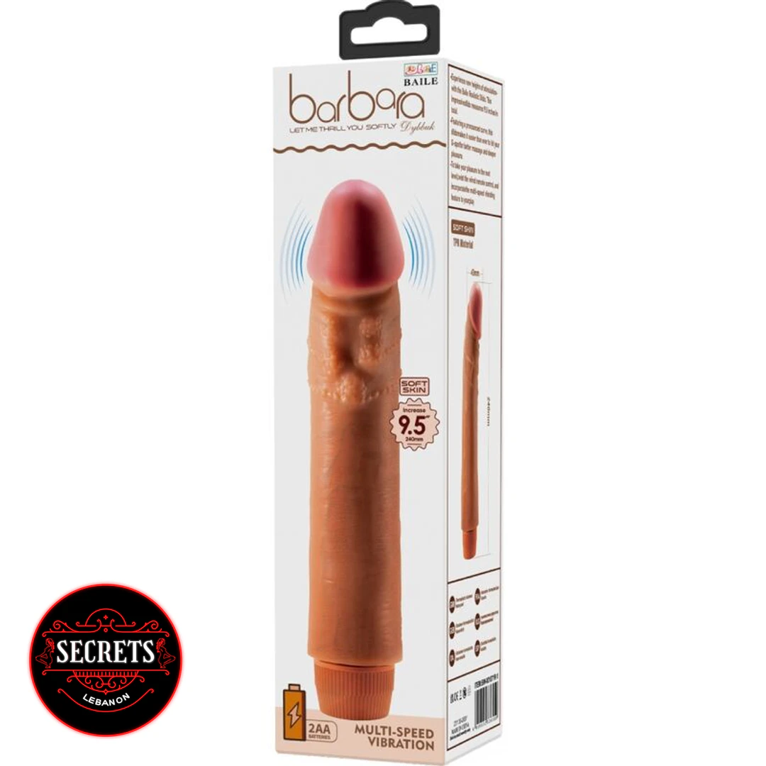 9.5 Inch Multi-Speed Realistic Vibrator shown in tan retail packaging front view