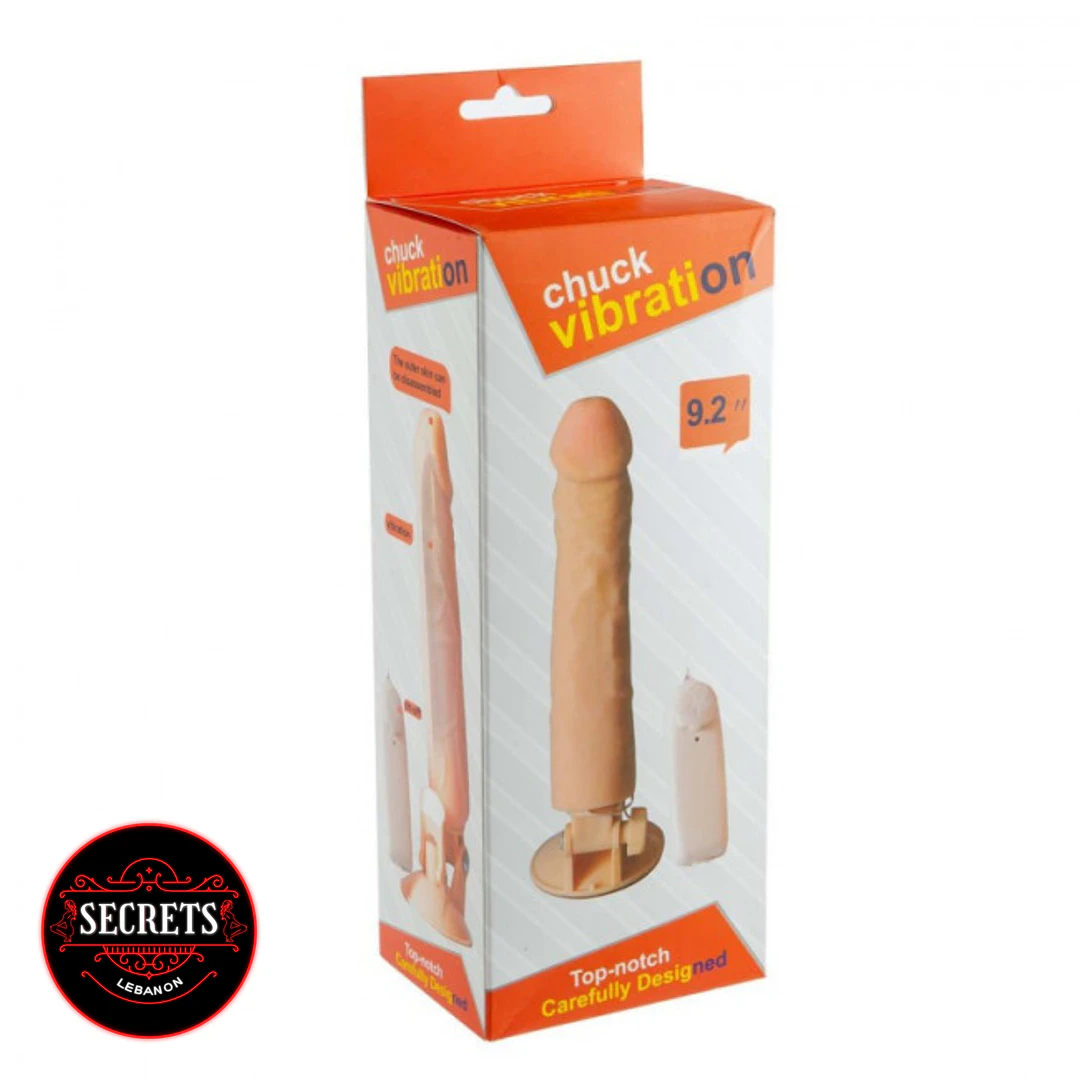 9 Inch Stand Base Vibrator Dildo in orange retail packaging front view