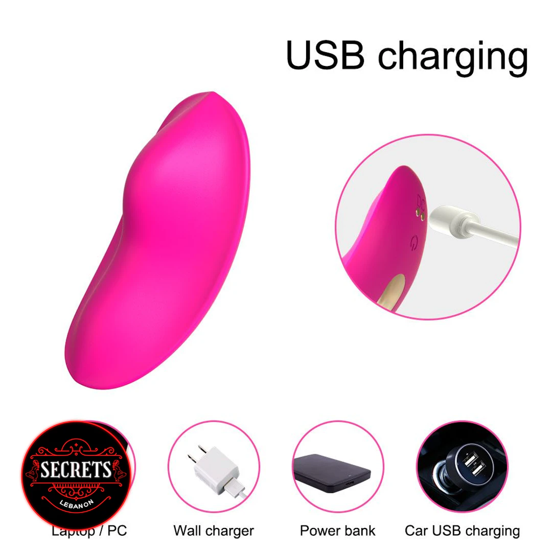 9 Mode App Controlled Wearable Vibrator in hot pink with USB charging diagram