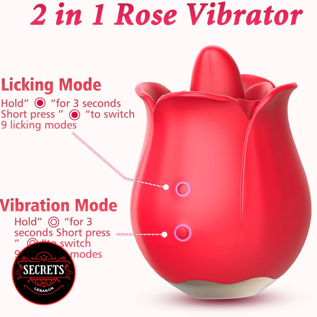 9 Mode Rose Licking Clitoral Vibrator in red with two side buttons