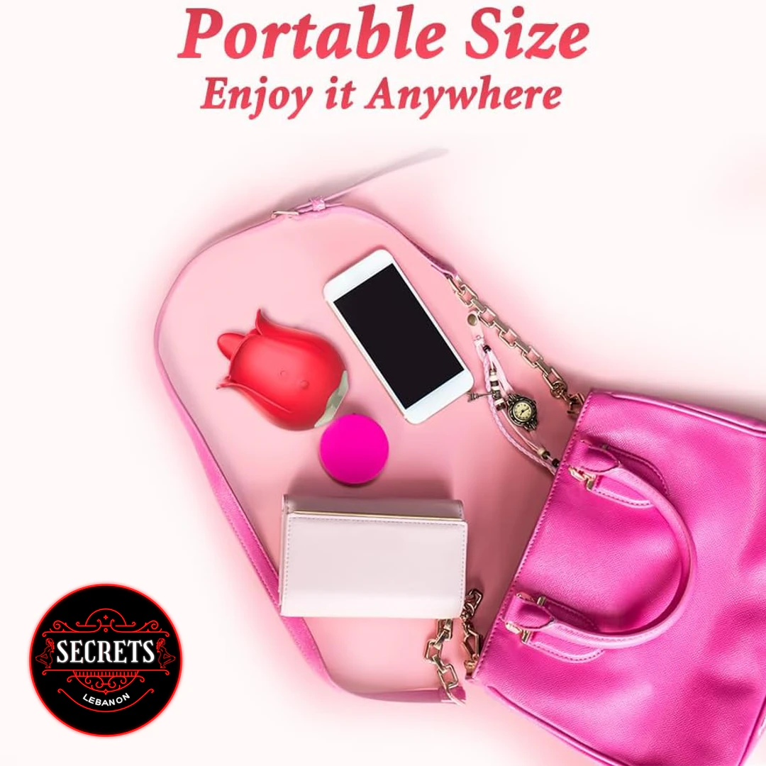 9 Mode Rose Licking Clitoral Vibrator in red beside pink handbag