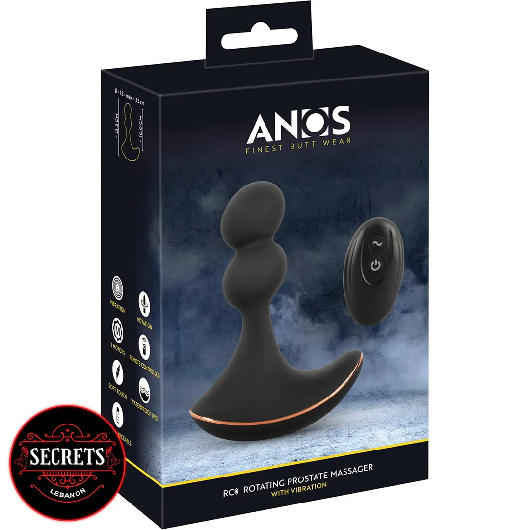 Anos Rotating Silicone Prostate Massager black packaging with wireless remote control
