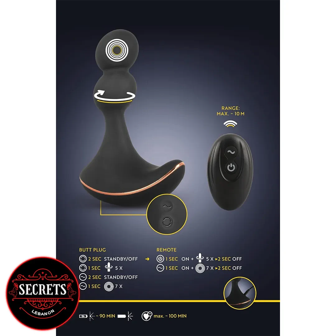 Anos Rotating Silicone Prostate Massager black with wireless remote control infographic