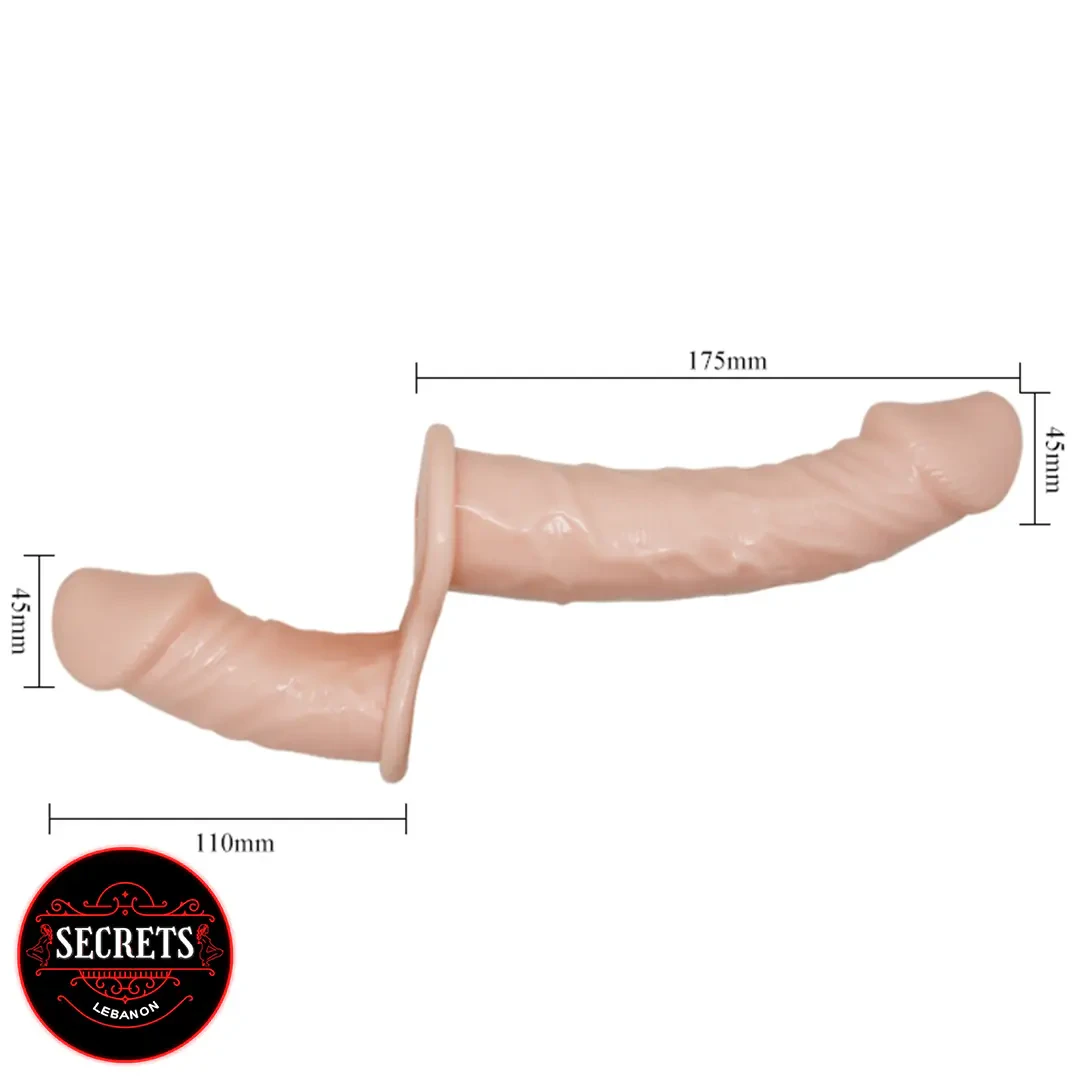 Baile Ultra Dual Penis Strap-On flesh-tone double dildo with size dimensions shown