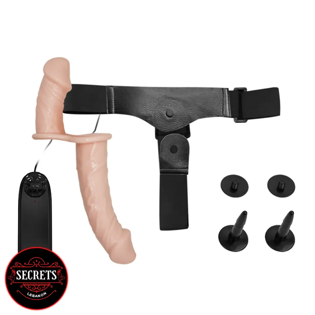 Baile Ultra Dual Penis Strap-On with black leather harness and wired controller