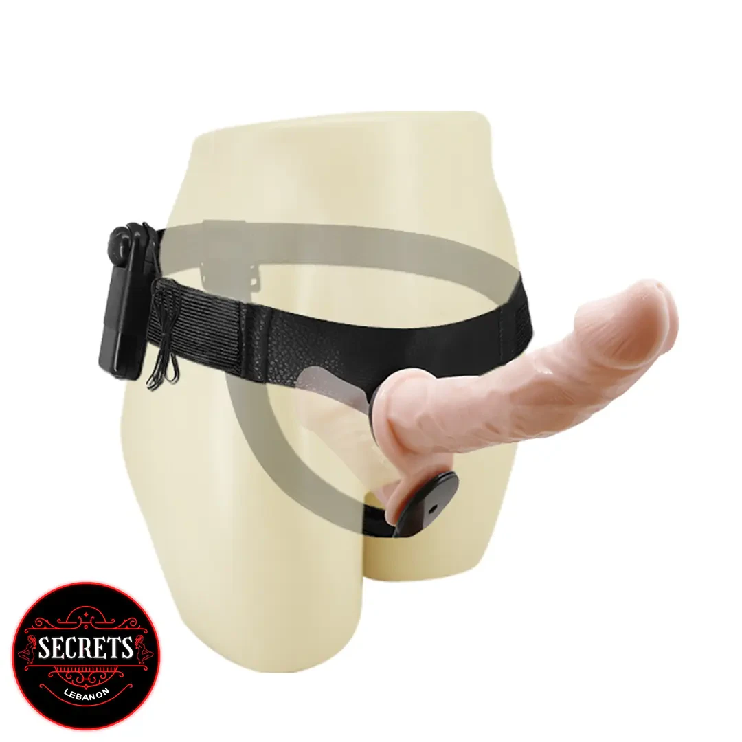 Baile Ultra Dual Penis Strap-On displayed on mannequin with black adjustable harness
