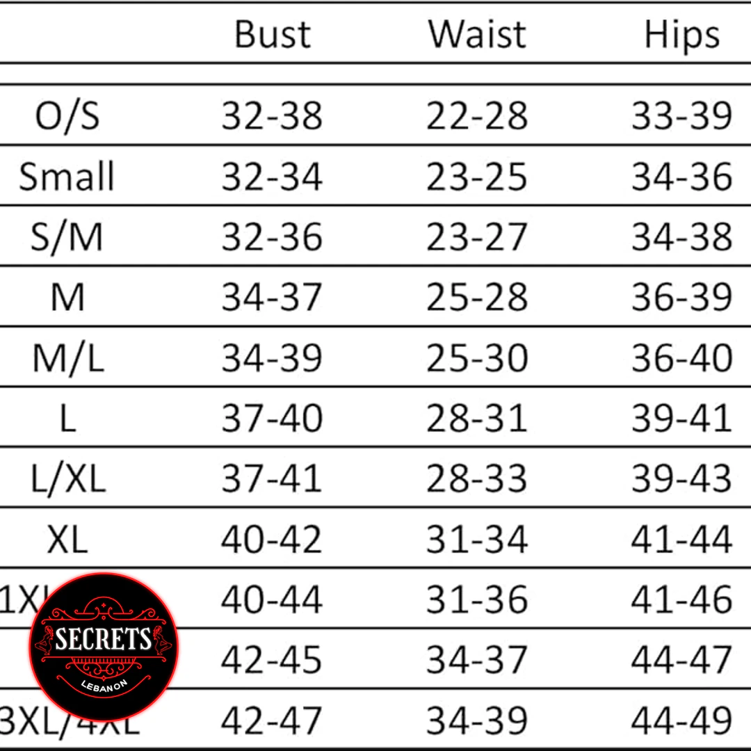 Barely There Backless Halter Gown size chart with bust waist hips measurements