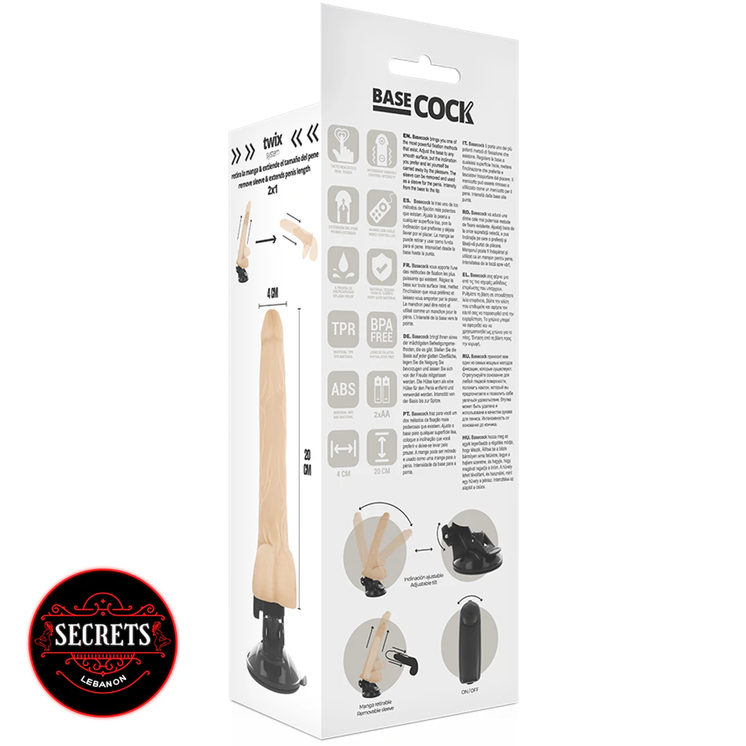 BaseCock 8 Inch Vibrating Realistic Dildo retail packaging back view white box