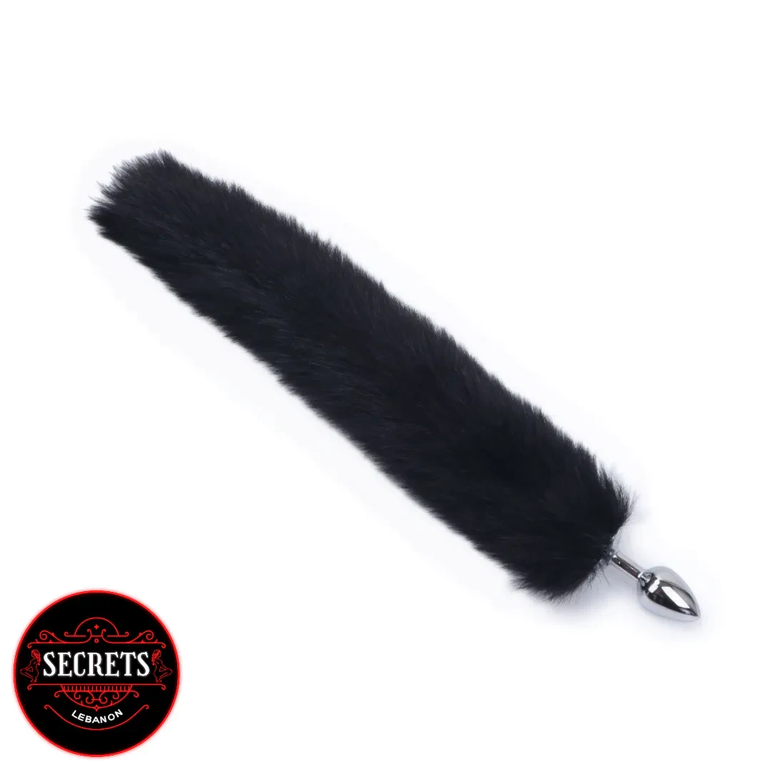 Beginner Fur Tail Anal Plug with long black faux fur and silver plug
