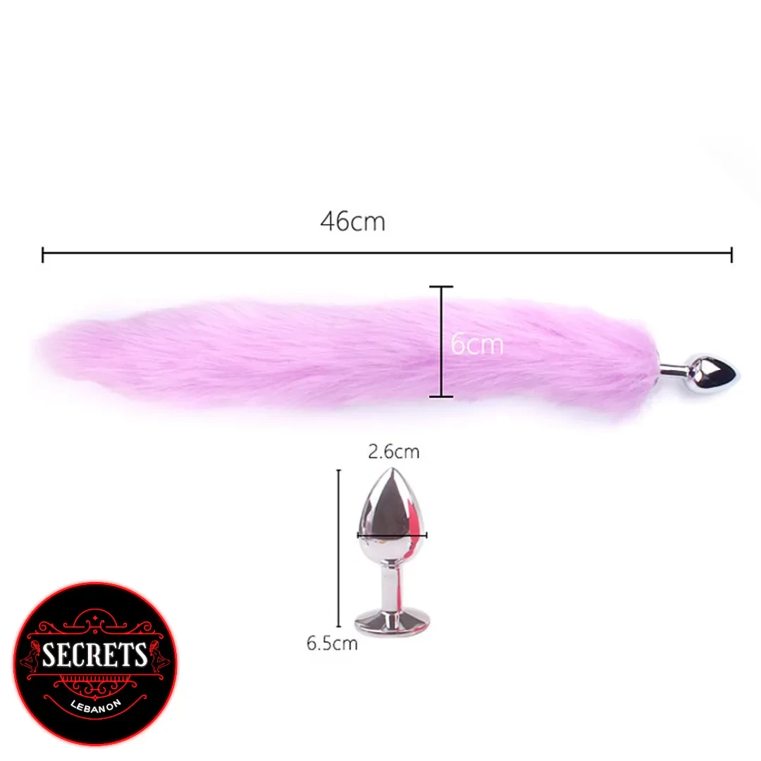 Beginner Fur Tail Anal Plug in pink with silver metal plug and dimensions shown