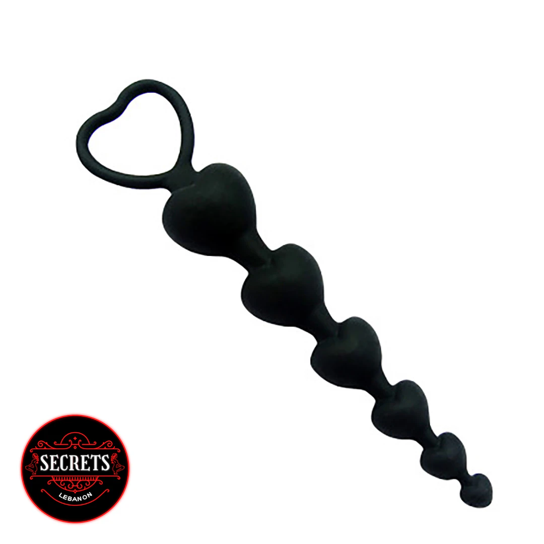 Beginner Silicone Heart Anal Beads in black with heart-shaped retrieval loop