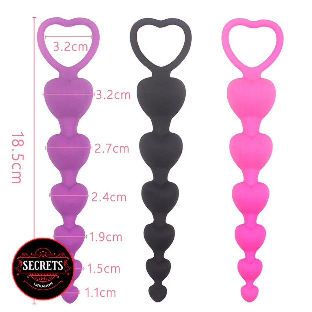 Beginner Silicone Heart Anal Beads in purple, black, and pink with measurements
