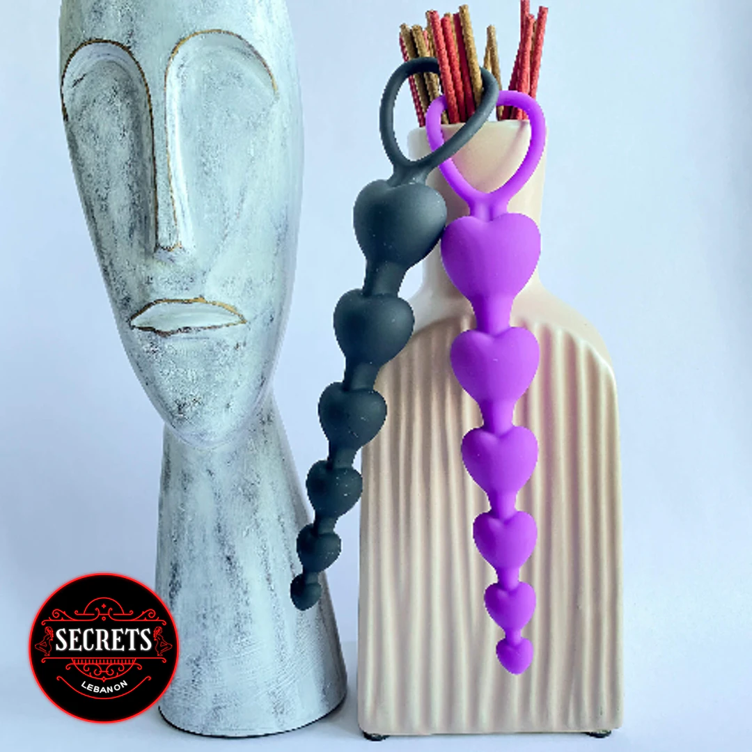 Beginner Silicone Heart Anal Beads in purple and black displayed upright