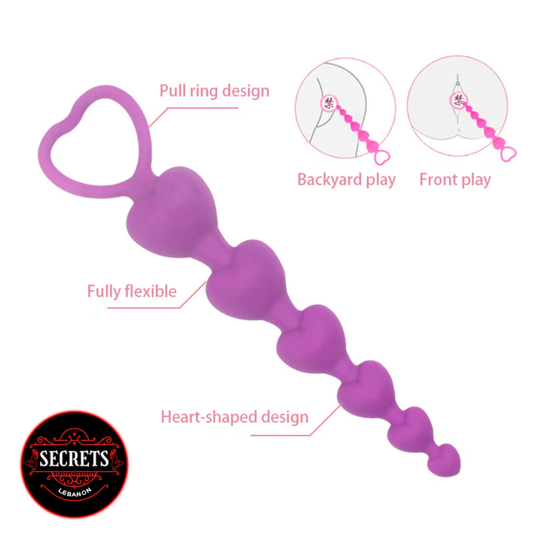 Beginner Silicone Heart Anal Beads in purple with heart-shaped pull ring