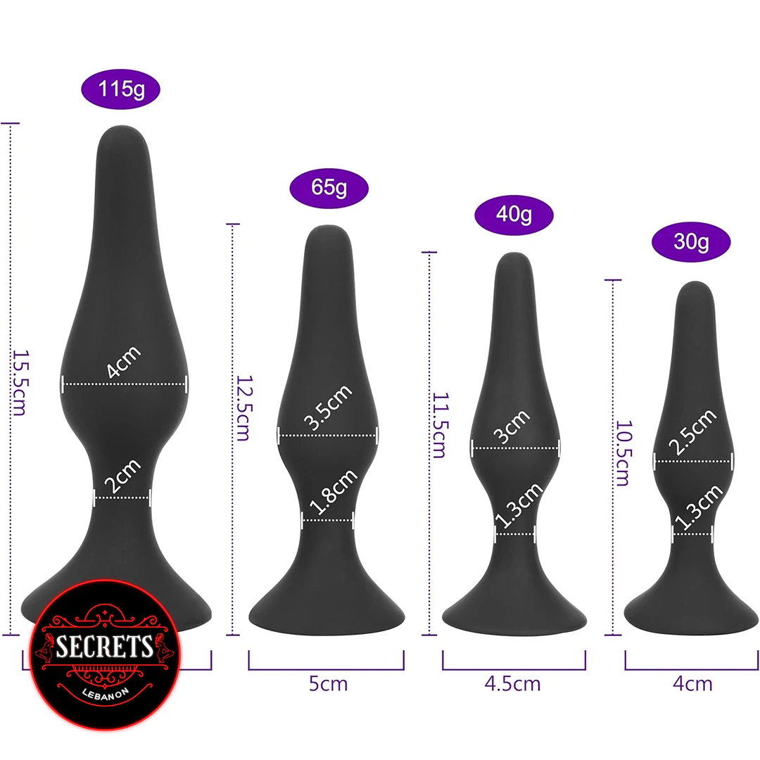 Beginner To Advanced Anal Plug Set four black silicone plugs with measurements shown