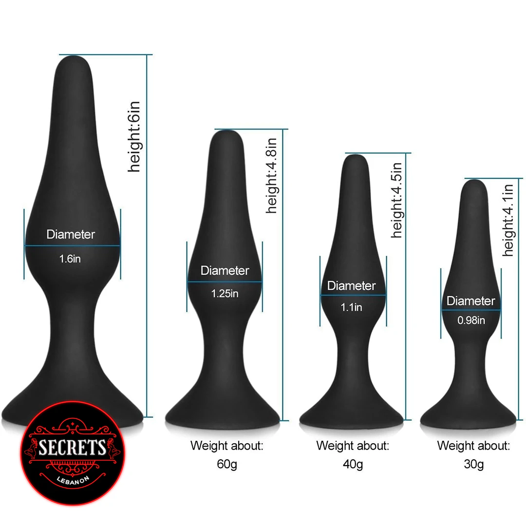 Beginner To Advanced Anal Plug Set four black silicone plugs with measurements shown