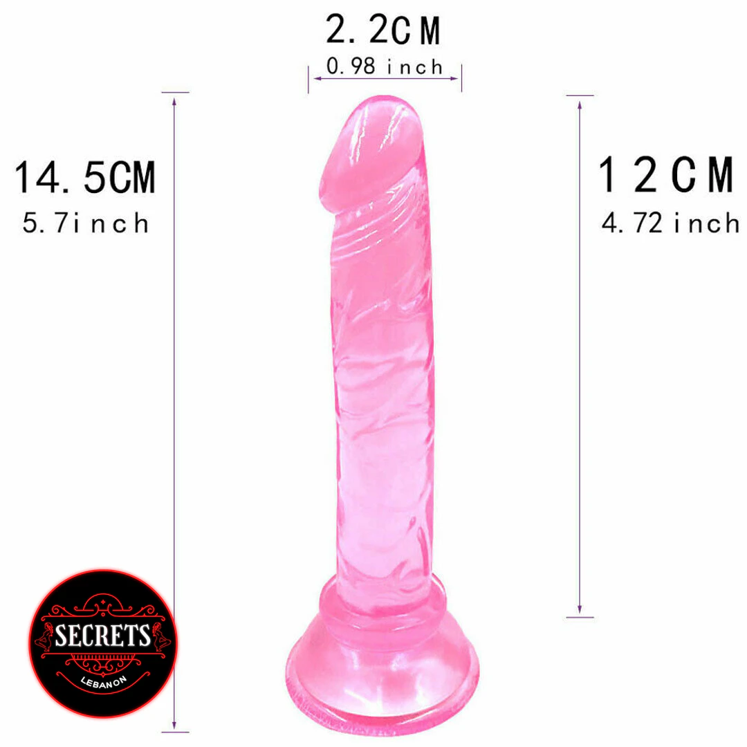Beginners Jelly Dildo pink transparent with suction cup base dimensions shown