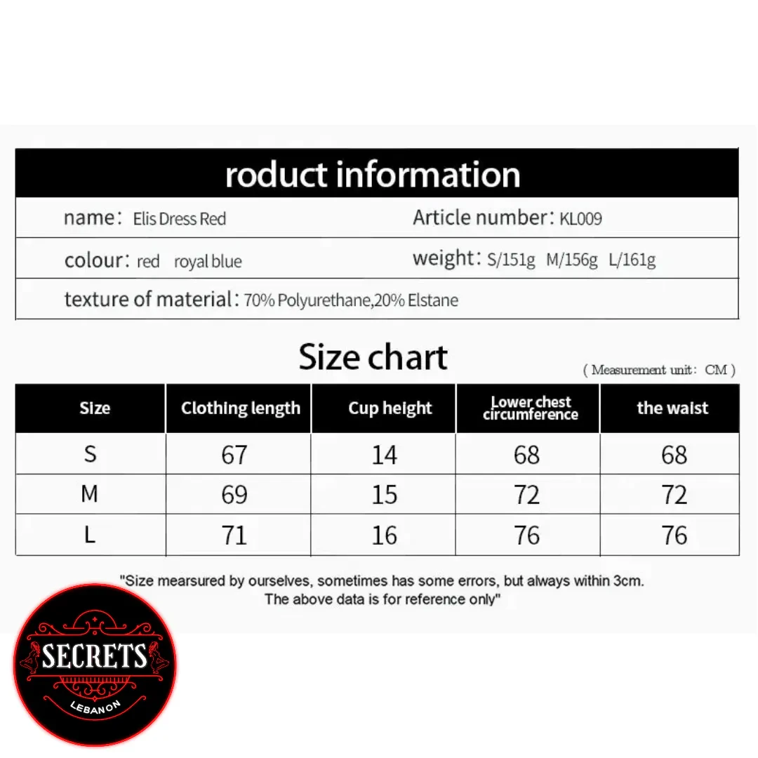 Black Latex Mistress Dress size chart and product information table