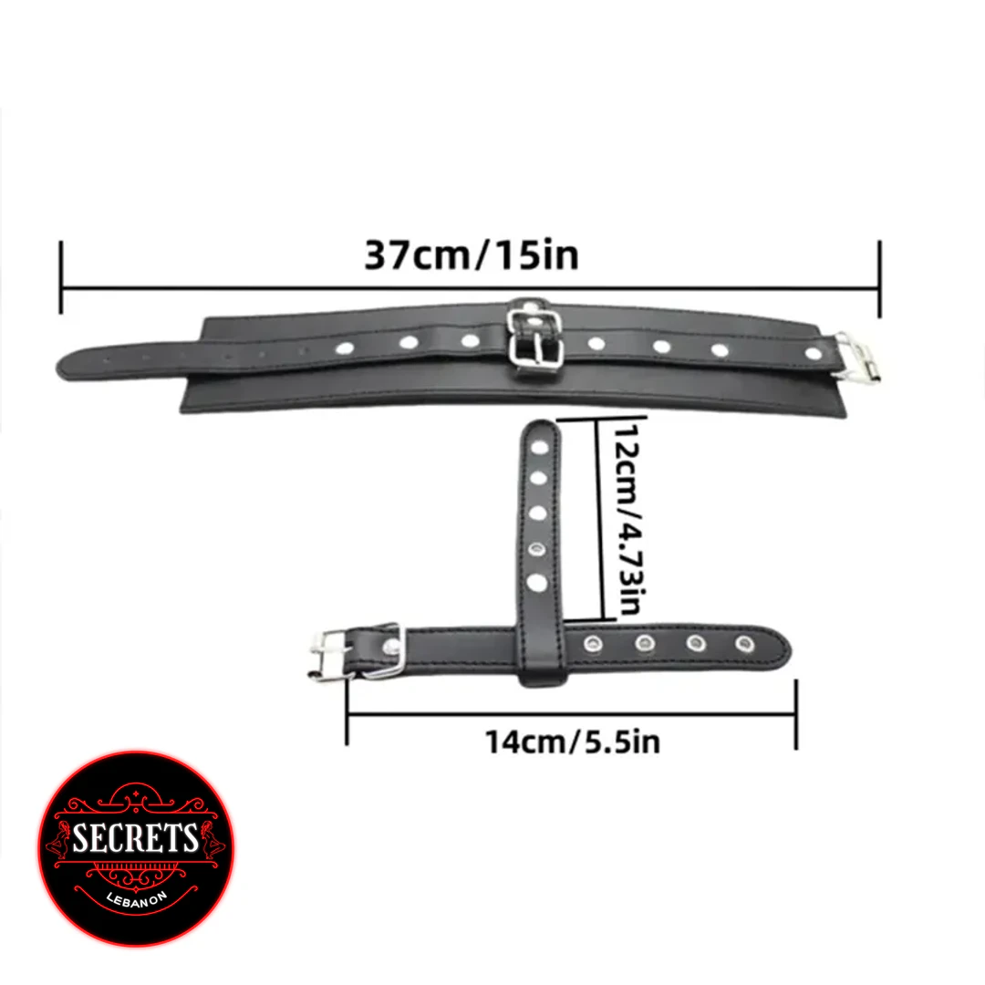Black Leather Buckle Bondage Cuff set with silver hardware and size dimensions