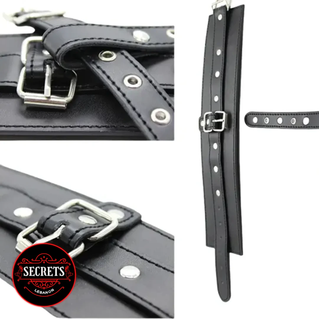 Black Leather Buckle Bondage Cuff detail close-up showing silver hardware and eyelets