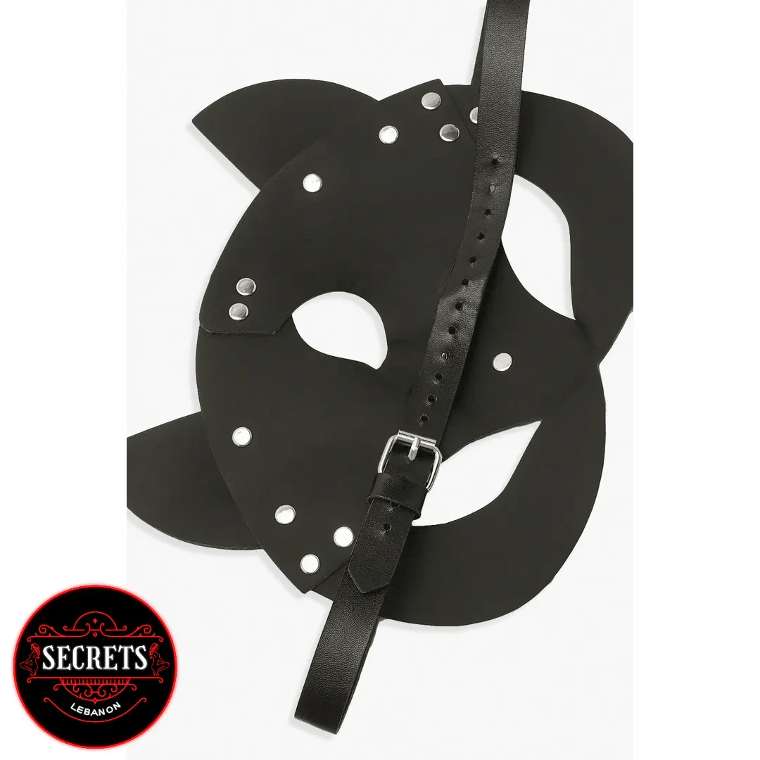 Black Leather Cat Eye Mask with silver studs and adjustable buckle strap