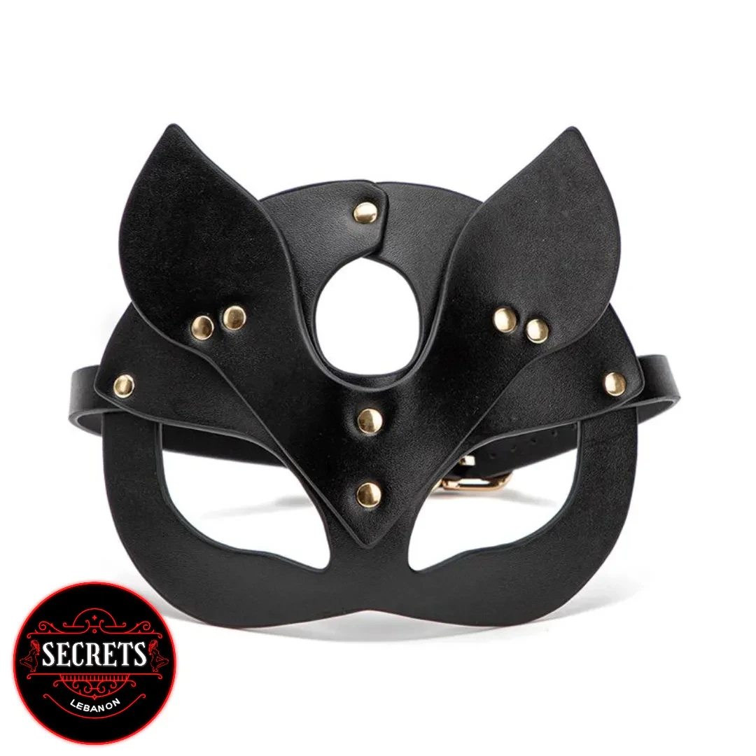 Black Leather Cat Eye Mask with gold studs and cat ears