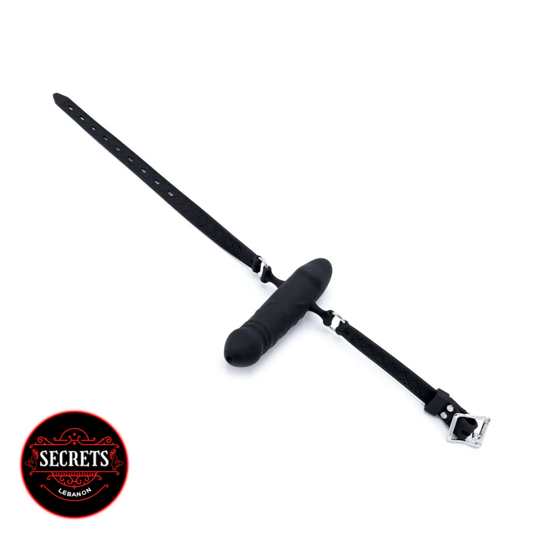 Black Silicone Dildo Mouth Gag with long black adjustable leather strap