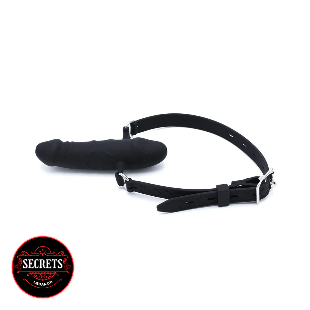 Black Silicone Dildo Mouth Gag with adjustable black straps and silver buckles