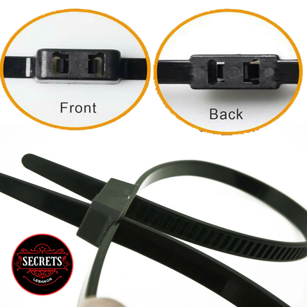 Black Zip Tie Bondage Cuffs showing front and back locking mechanism close-up
