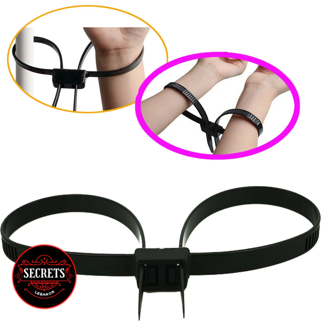 Black Zip Tie Bondage Cuffs double-loop restraint shown with wrist use close-ups
