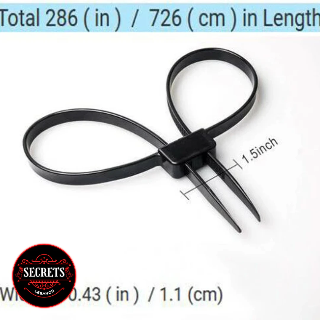 Black Zip Tie Bondage Cuffs double-loop design in black with dimensions shown