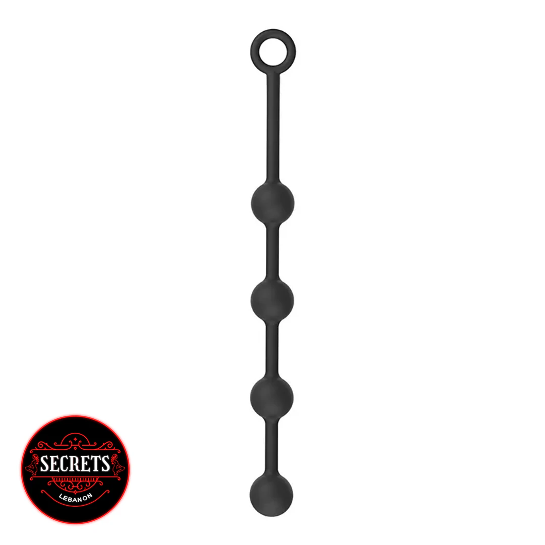 BlackOut Flexible Silicone Anal Beads with retrieval ring on white background