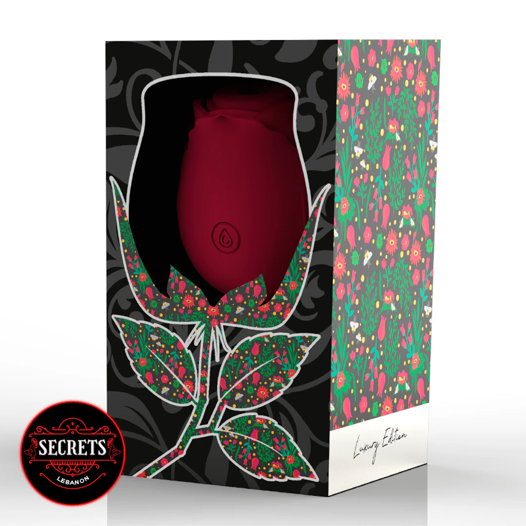 BloomPulse Rose Suction Vibrator deep red in black floral gift box