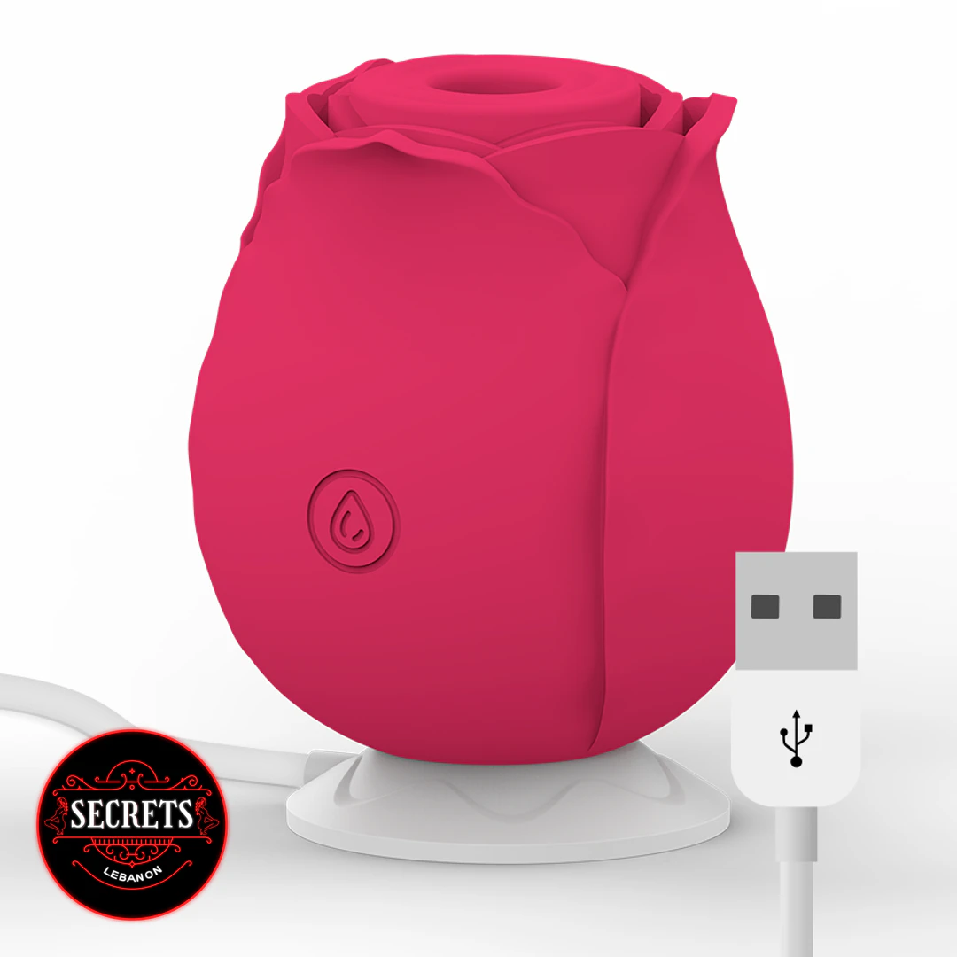 BloomPulse Rose Suction Vibrator in hot pink with USB charging cable