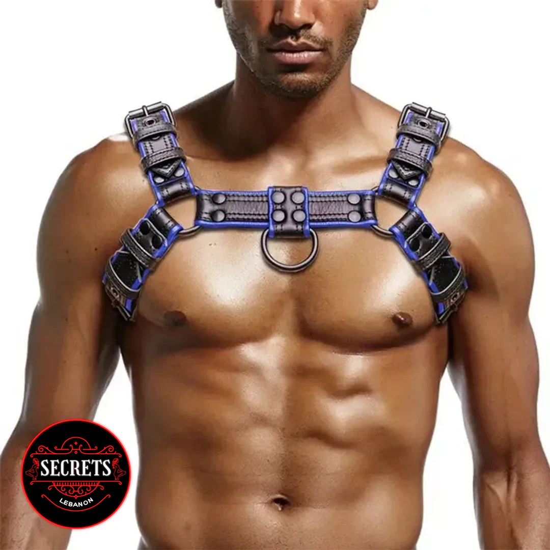 Blue Leather Mens Chest Harness with blue trim and D-ring worn front-facing