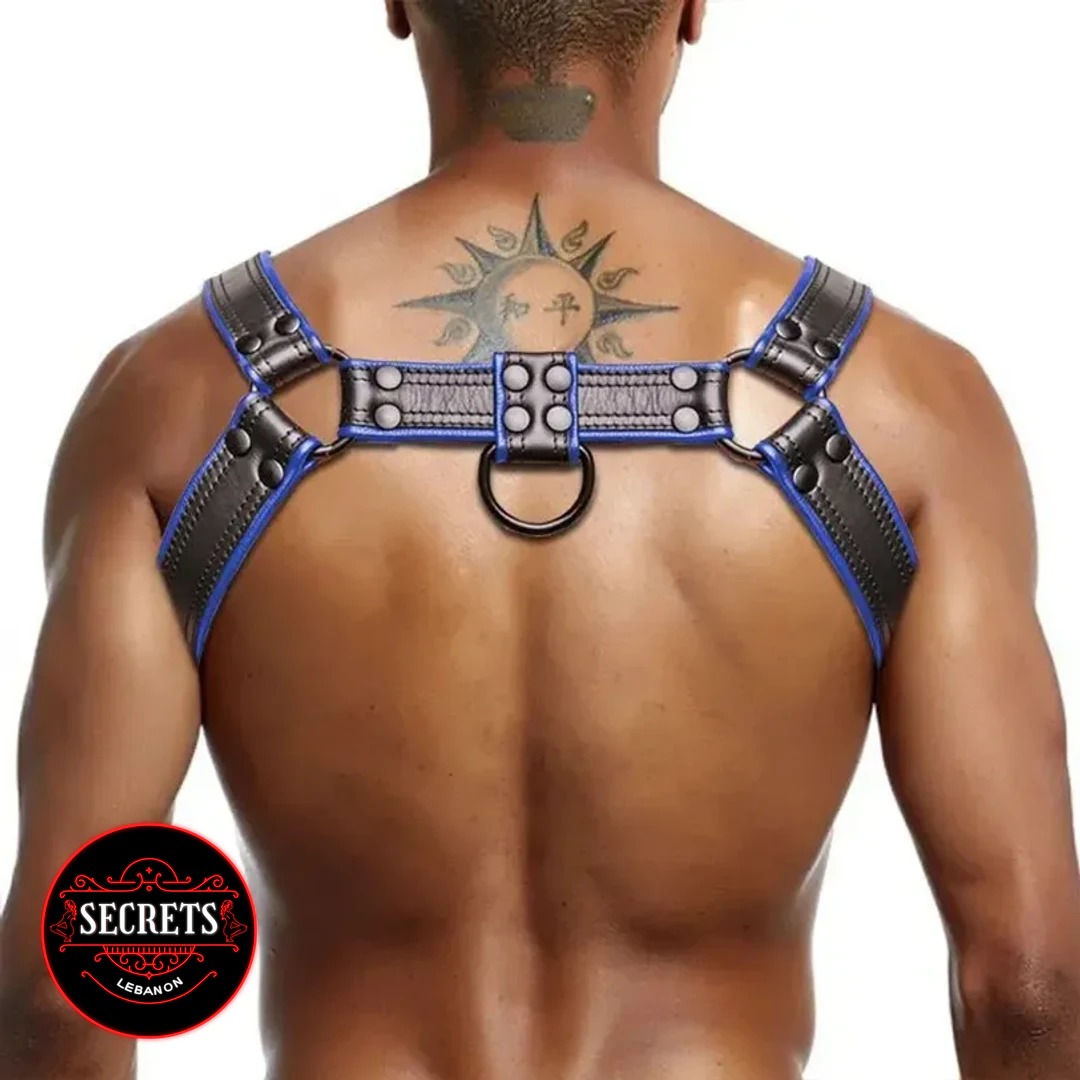 Blue Leather Mens Chest Harness with blue trim shown from the back