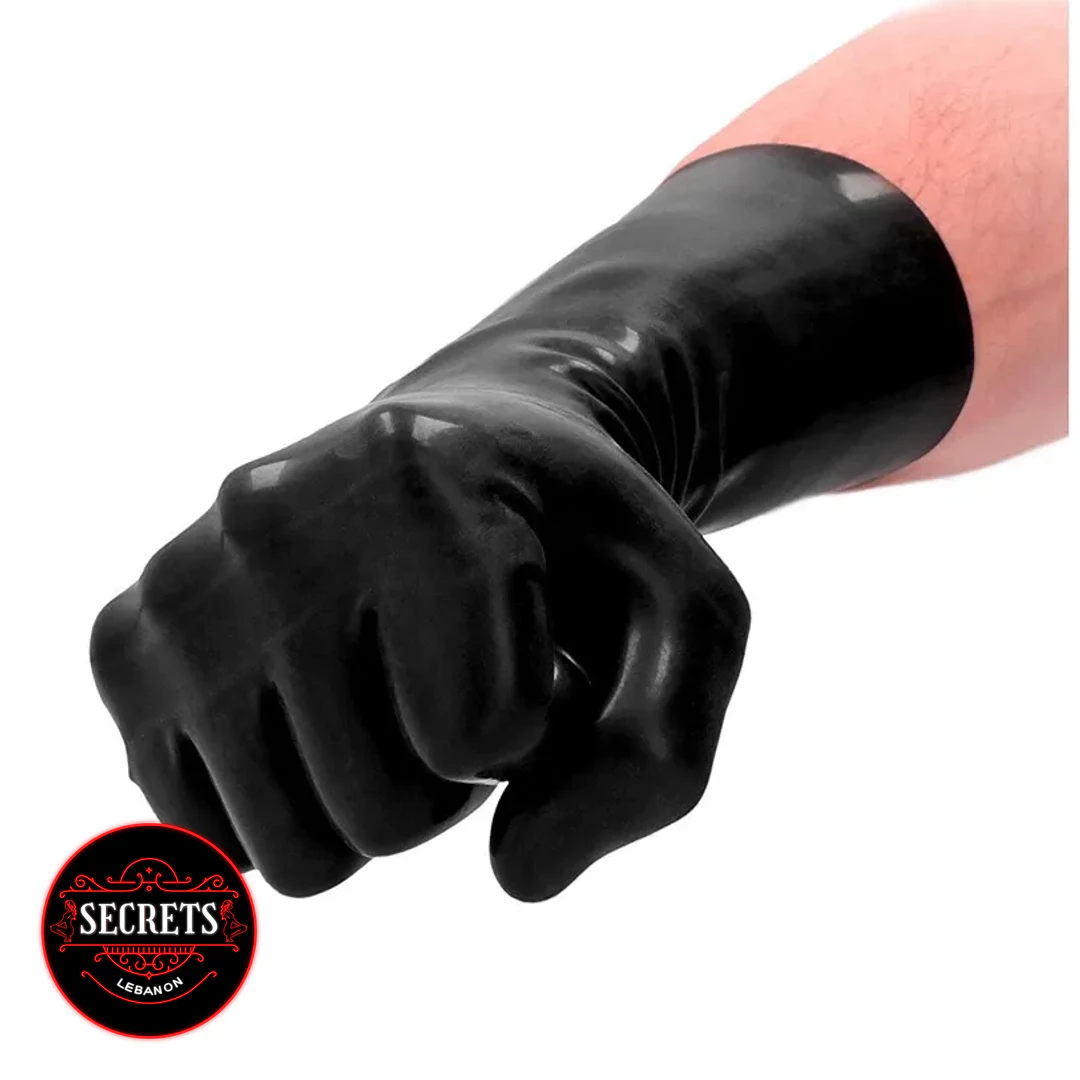 Body Safe Latex Fisting Gloves worn on clenched fist, glossy black