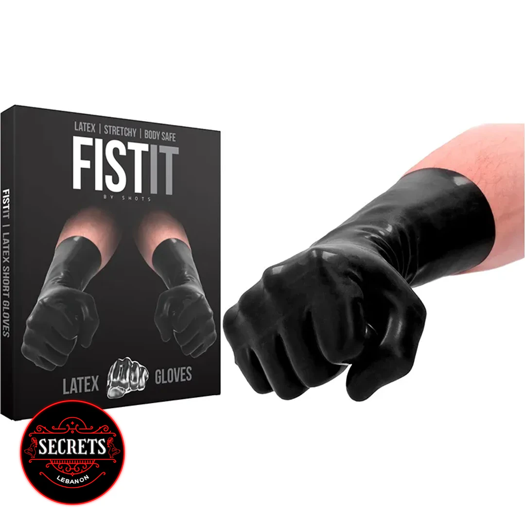Body Safe Latex Fisting Gloves shown worn on hand beside black packaging