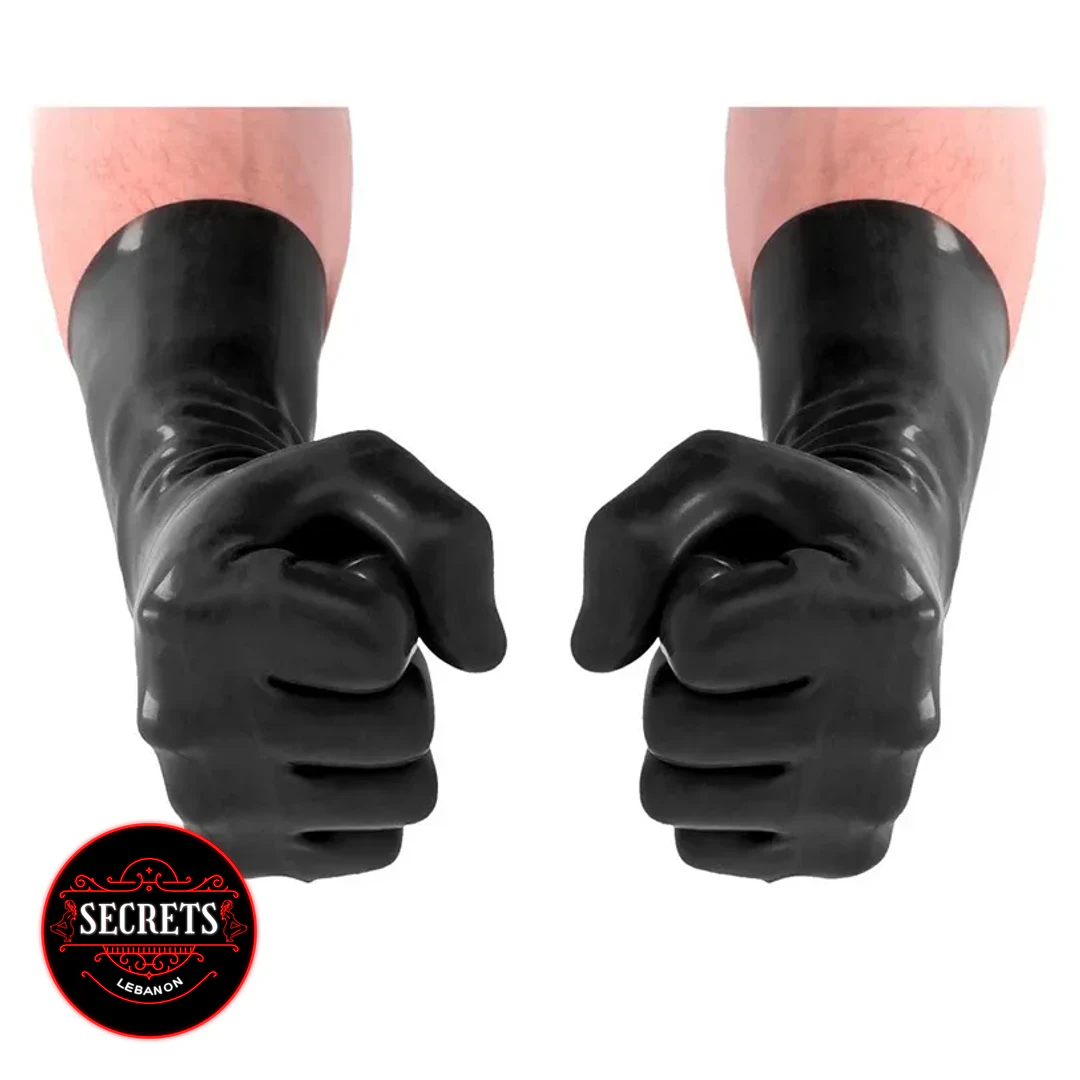 Body Safe Latex Fisting Gloves worn on both fists, black, front view