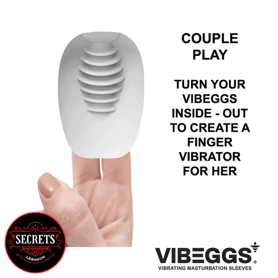 Couples Vibrating Masturbator worn inside-out on finger as white silicone sleeve