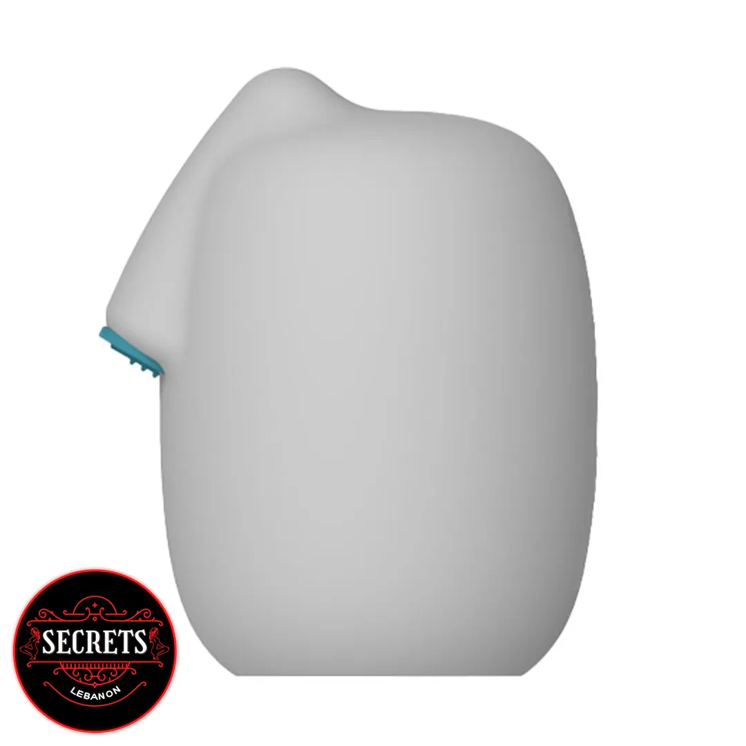 Couples Vibrating Masturbator side view in soft grey silicone with teal controls